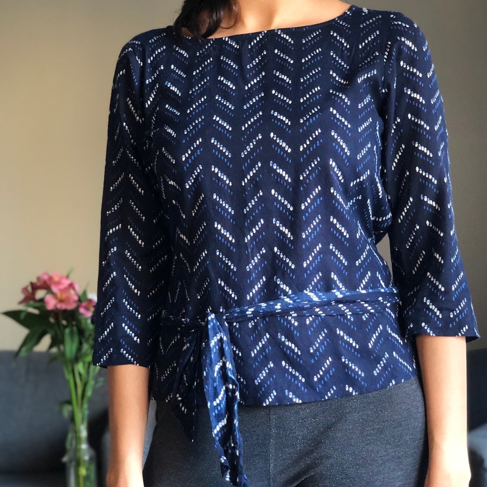 Blue and white tie top